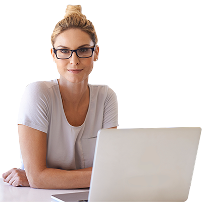 Worker in front of laptop smiling