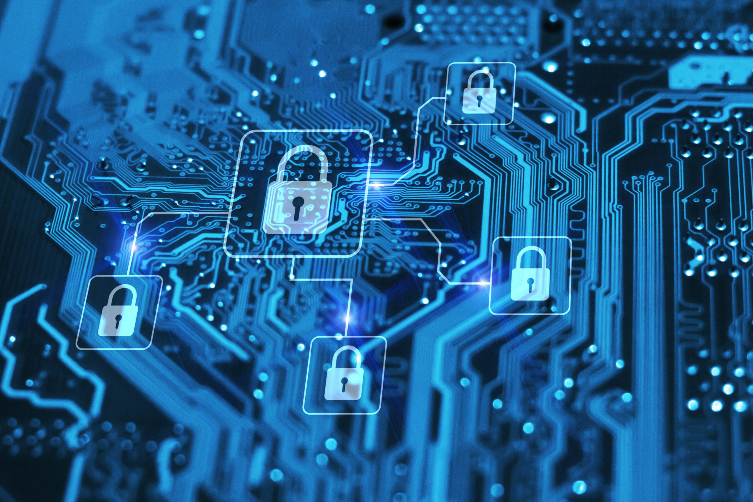 connected locks in front of a blue background