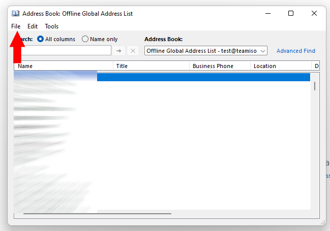 A screenshot of the Outlook address book.