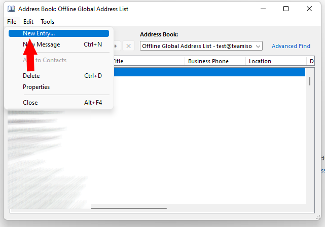 A screenshot of the Outlook address book.