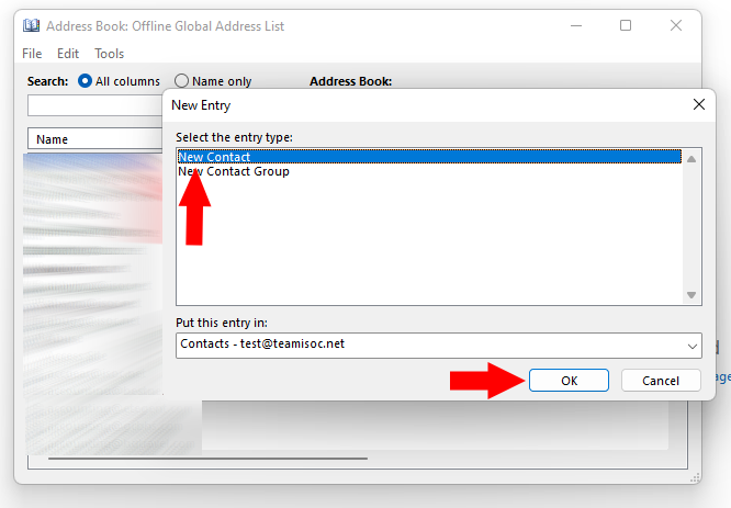 A screenshot of the Outlook address book.