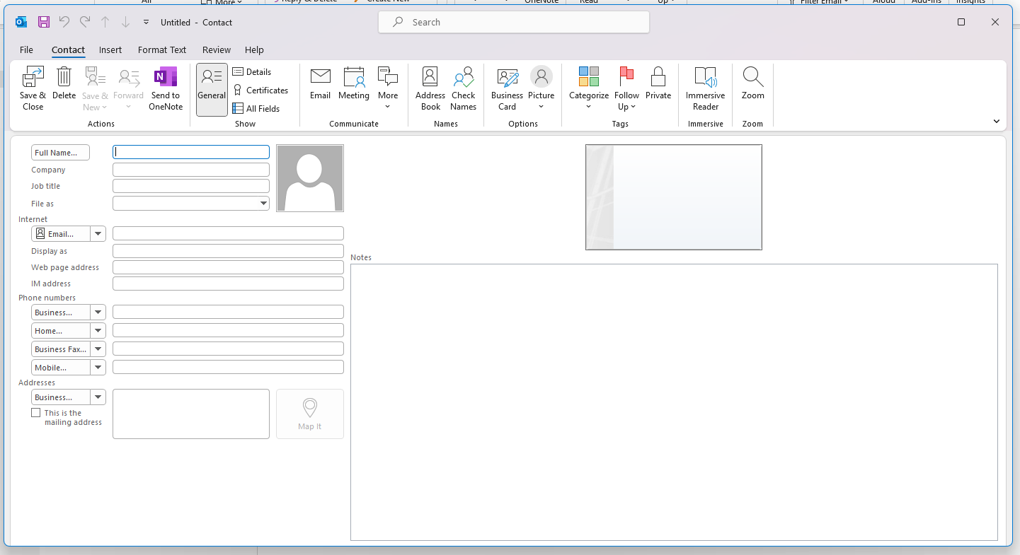 A screenshot of an Outlook contact page.