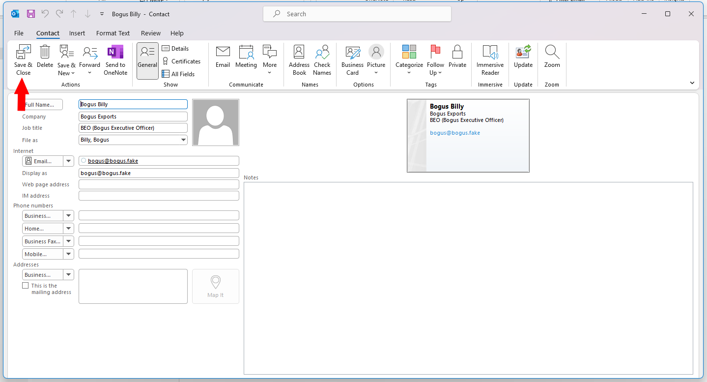 A screenshot of an Outlook contact page.