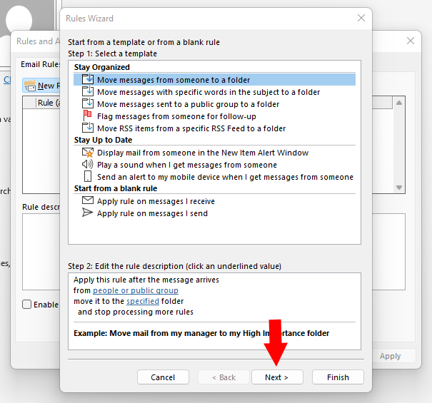 A screenshot of the Rules Wizard in Outlook.
