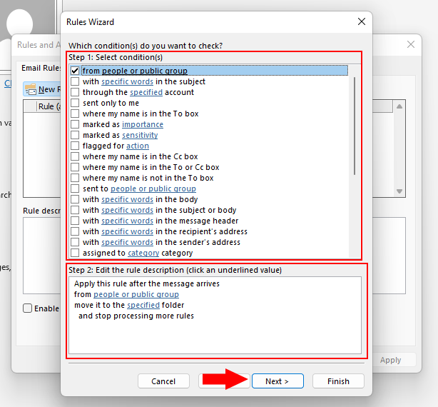A screenshot of the Rules Wizard in Outlook.