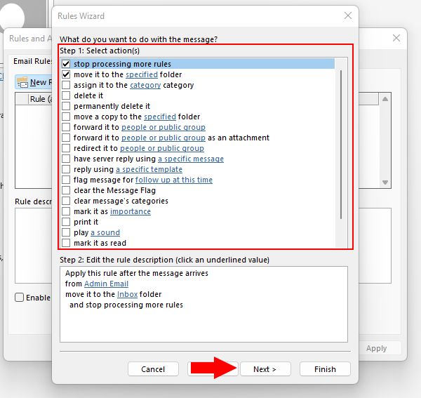A screenshot of the Rules Wizard in Outlook.