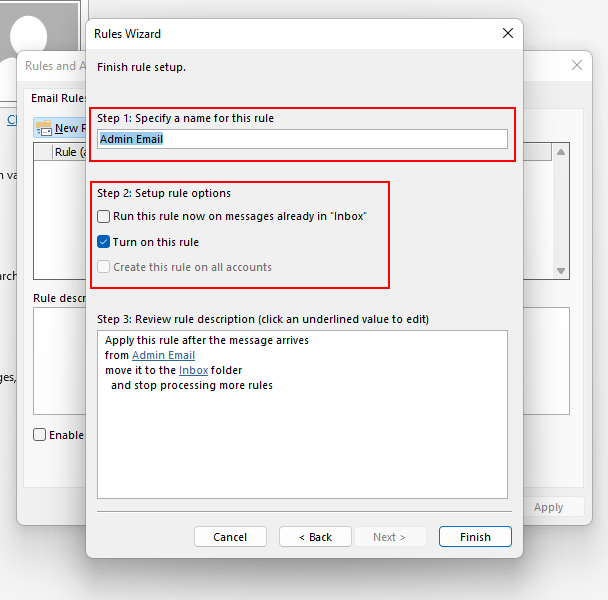 A screenshot of the Rules Wizard in Outlook.