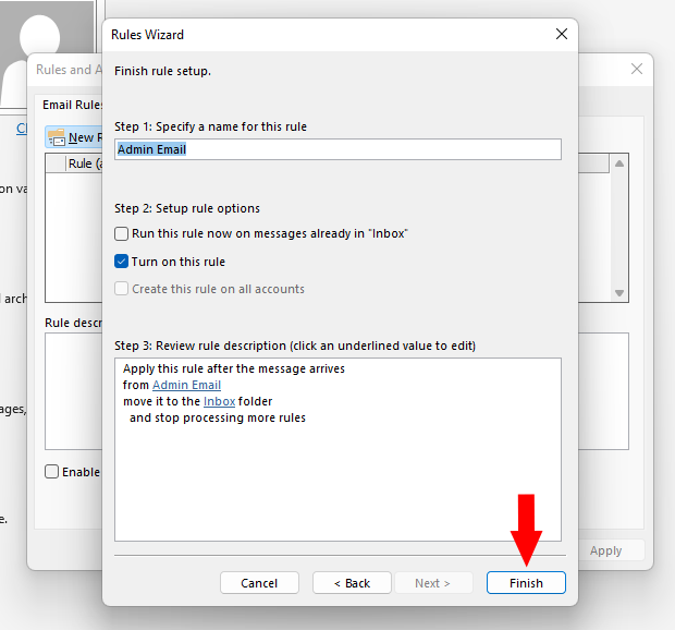A screenshot of the Rules Wizard in Outlook.