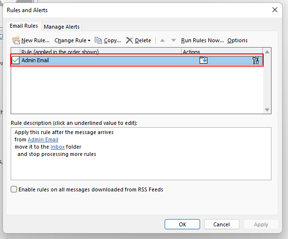 A screenshot of the Rules and Alerts pop-up window in Outlook.