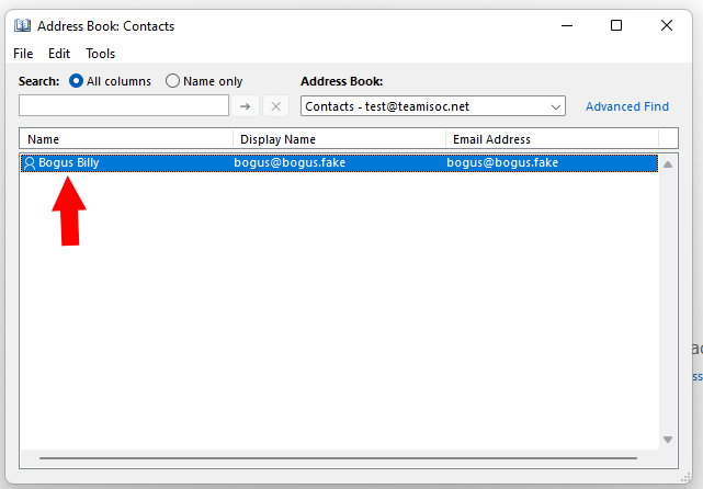 A screenshot of the Outlook address book.