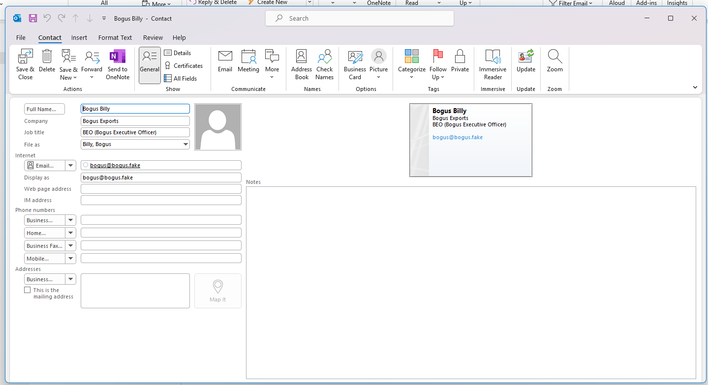 A screenshot of an Outlook contact page.