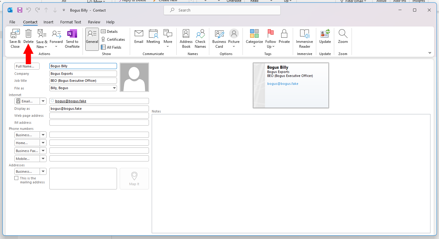 A screenshot of an Outlook contact page.