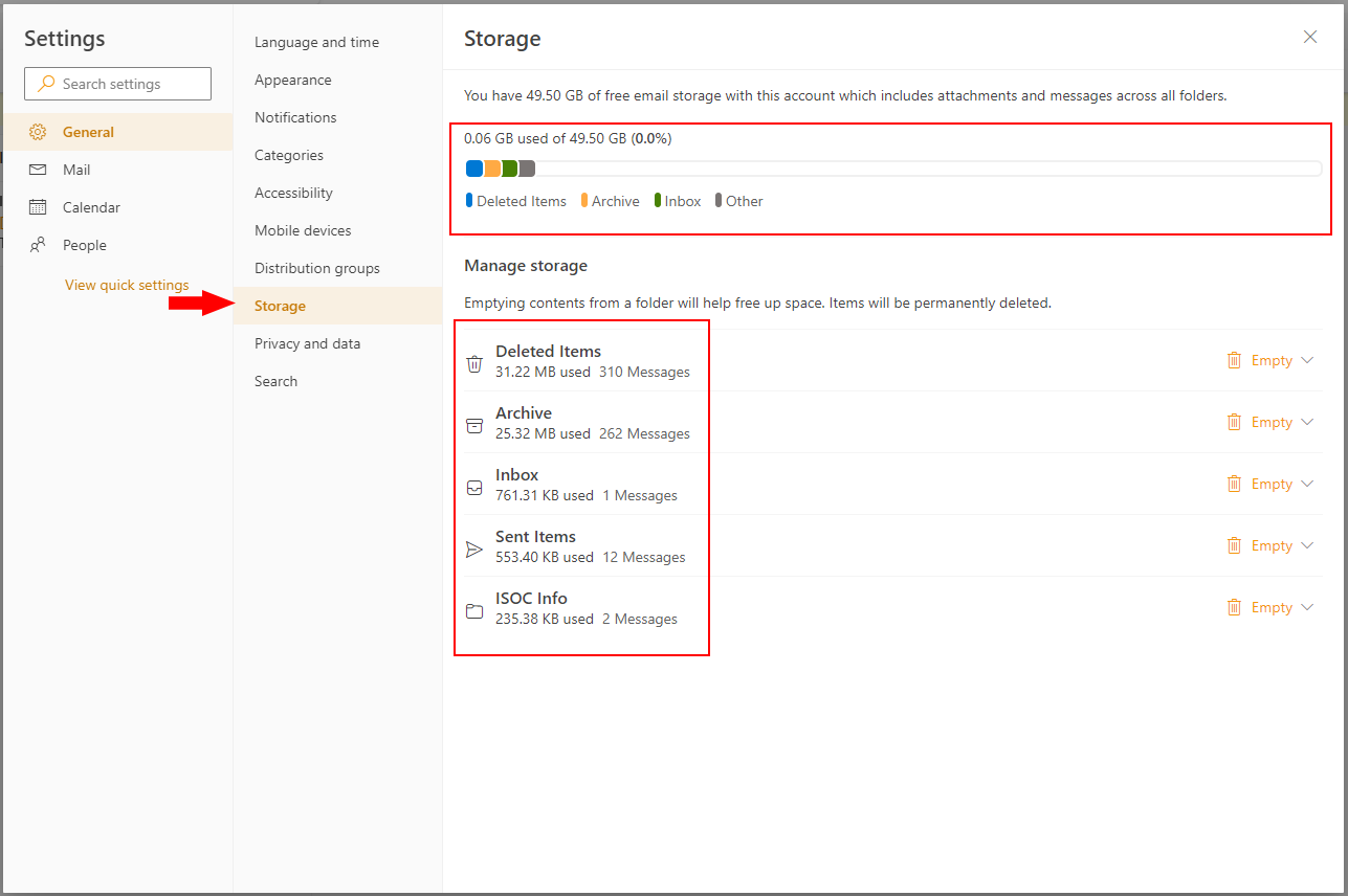 A screenshot of Webmail settings with a red arrow pointing towards the Storage tab, also outlined is the mailbox size and space used and the options for managing mailbox storage.