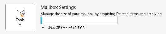 A screenshot of the Mailbox settings which shows the size and space used in your Outlook mailbox.