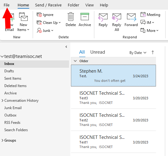 A screenshot of the Outlook mailbox.