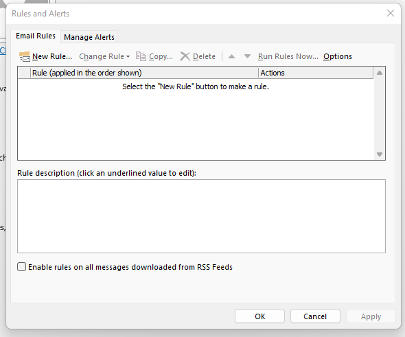 A screenshot of Rules and Alerts in Outlook.