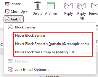 A screenshot of the Junk dropdown menu in Outlook with a red square highlighting the options Never Block Sender, Never Block Senders Domain, and Never block this Group or Mailing List.