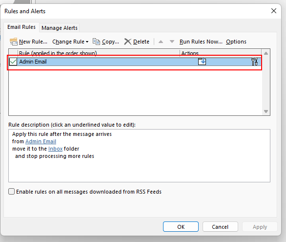 A screenshot of the Rules and Alerts pop-up window in Outlook.