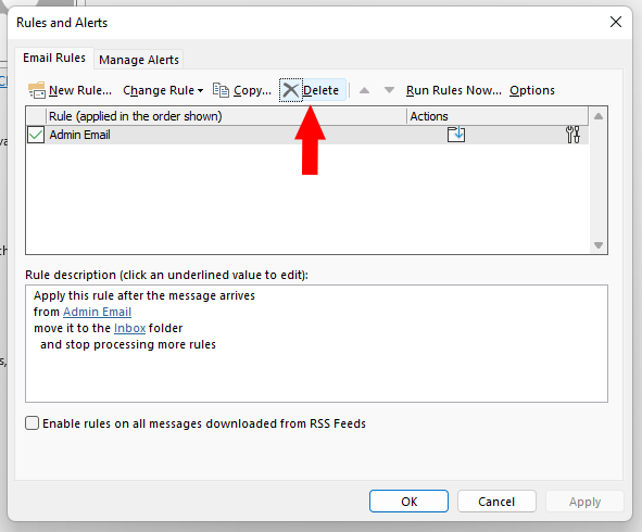 A screenshot of the Rules and Alerts pop-up window in Outlook.