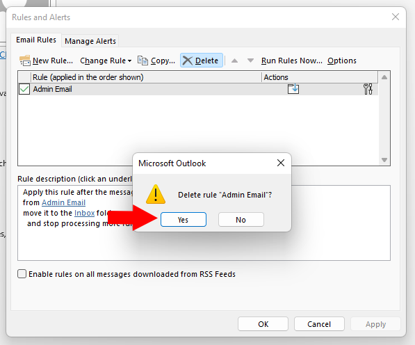 A screenshot of the Rules and Alerts pop-up window in Outlook.