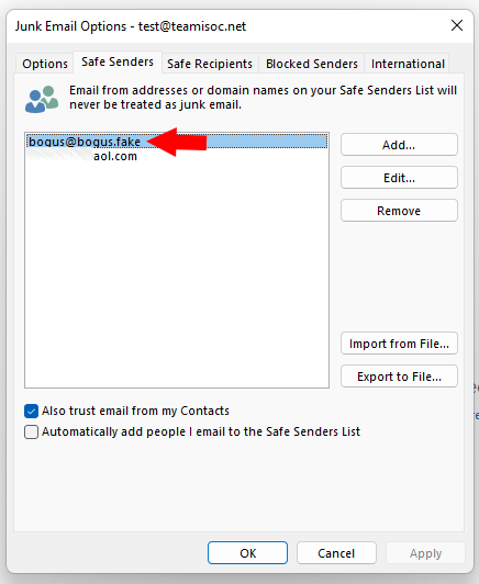 A screenshot of the Junk Email Options.