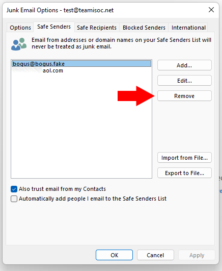 A screenshot of the Junk email options.