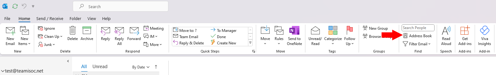 A screenshot of the Outlook toolbar with a red arrow pointing at the Address Book.