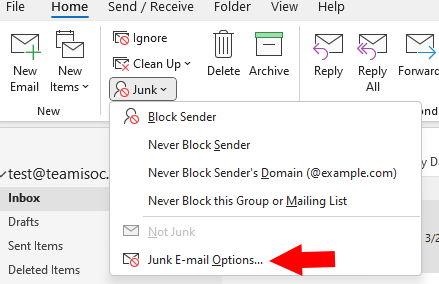 A screenshot of the Junk drop-down menu.