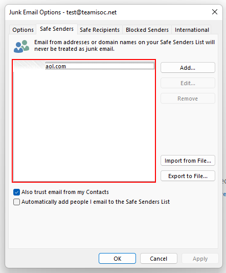 A screenshot of the safe senders list in Junk Email Options.