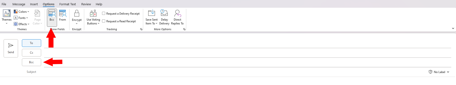 An image of an Outlook email with 2 red arrows pointing out the Bcc option and line.