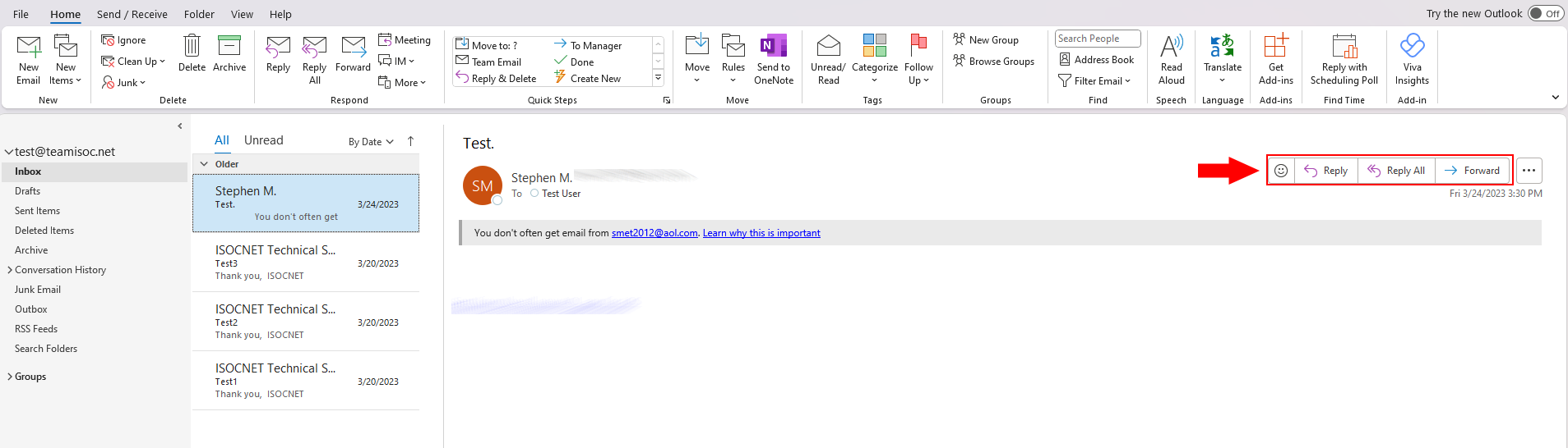 An image of an Outlook email with a red box highlighting the emote, reply, reply all, and forward options.