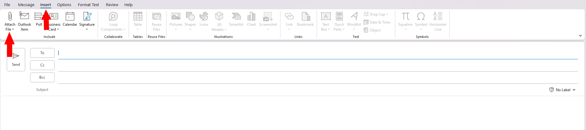 An image of an Outlook email with two red arrows pointing at the Insert and Attach File options.