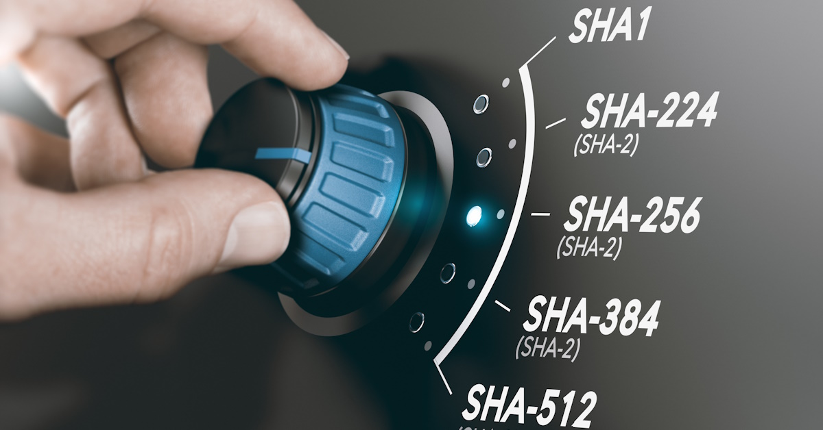 An image of a hand turning a knob which displays different encryption levels such as SHA-256