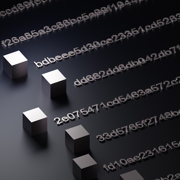 An image of small cubes lined up next to jumbled numbers and letters which represent a hash.