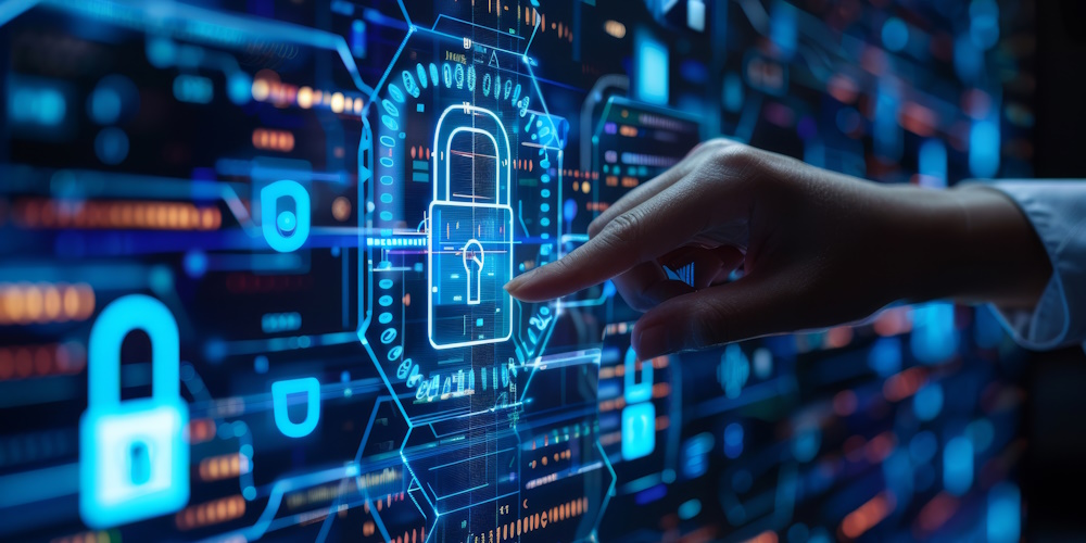 An image of a holographic touch screen with a hand pressing a lock icon representing enhancing security.