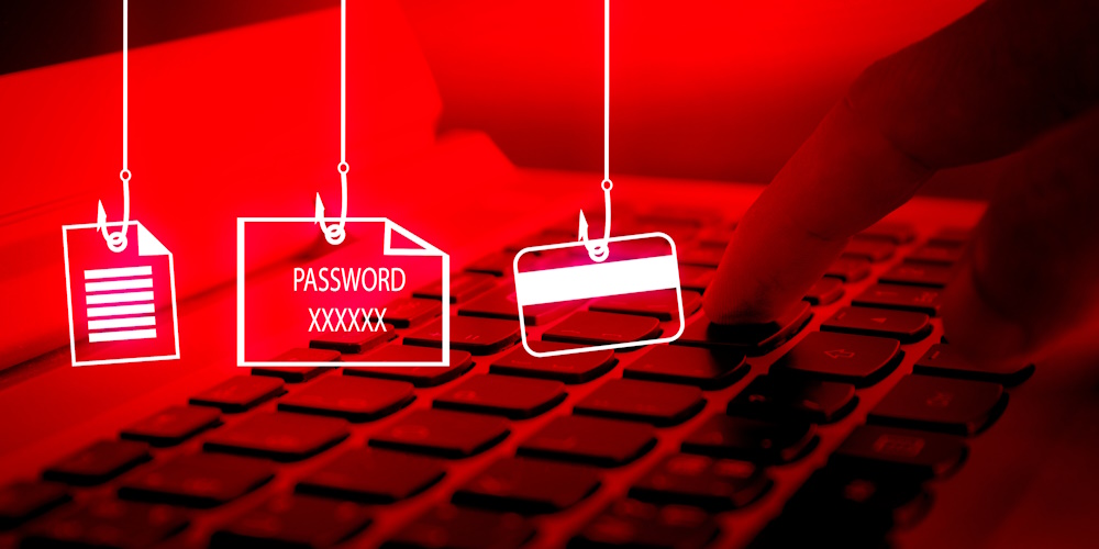 An image of a credit card, login credentials, and private data hanging from fishing hooks, representing different types of spear phishing attacks.