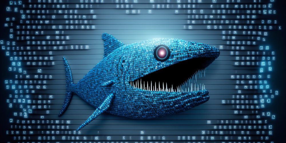 An image of a toothed fish made out of binary code representing a spear phishing attack.
