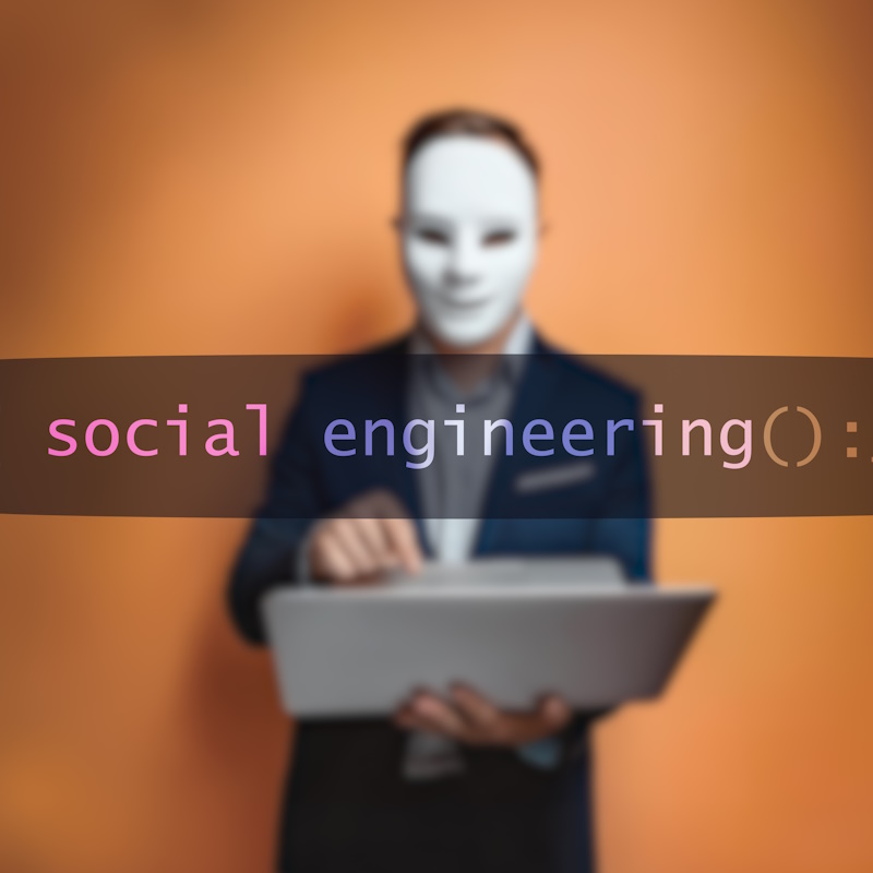 An image of a blurred hacker/scammer with a white mask on in the background, and the word "social engineering" in the foreground.