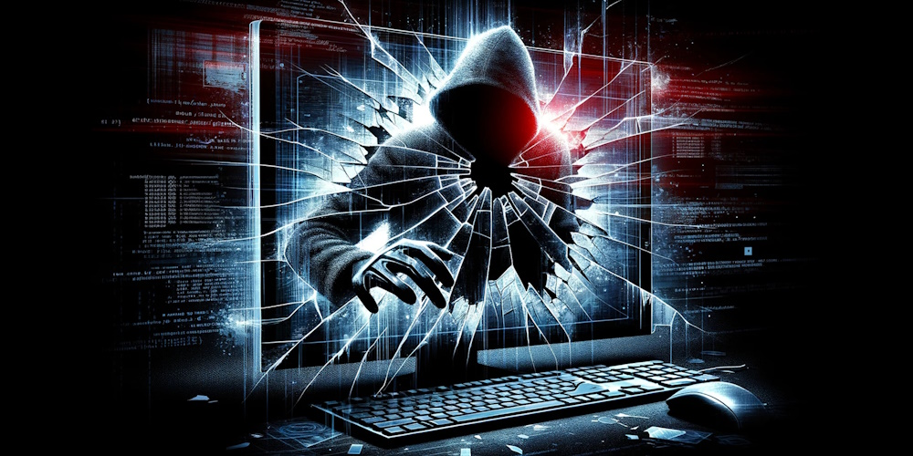 An image of a hacker breaking through a computer monitor to steal information.