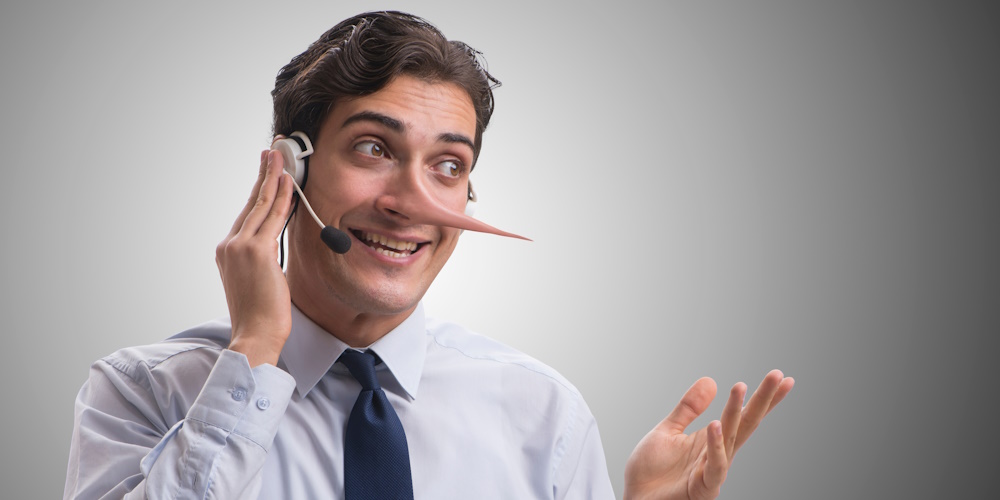 An image of a scammer with a long pointy nose representing the lie being sold.
