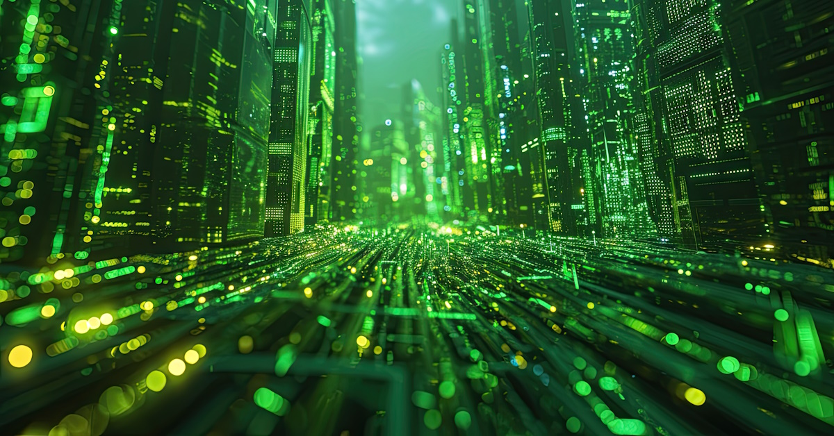 A image of servers depicted in green and black hue's as if being displayed in binary code.