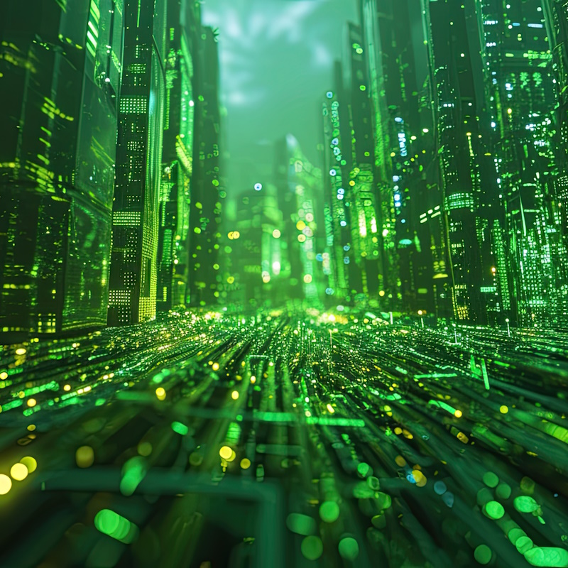 A image of servers depicted in green and black hue's as if being displayed in binary code.