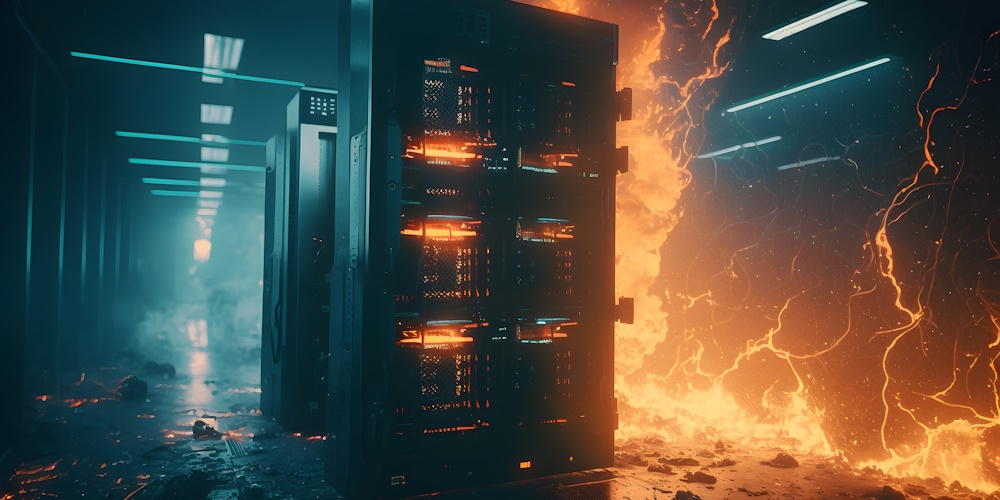 An image of a server room and servers on fire.