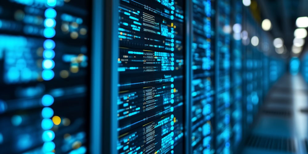 An image of a server room, the servers are lit up with vibrant blue lights.