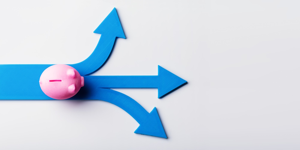 An image of a piggy bank standing at a crossroads that goes three different ways.