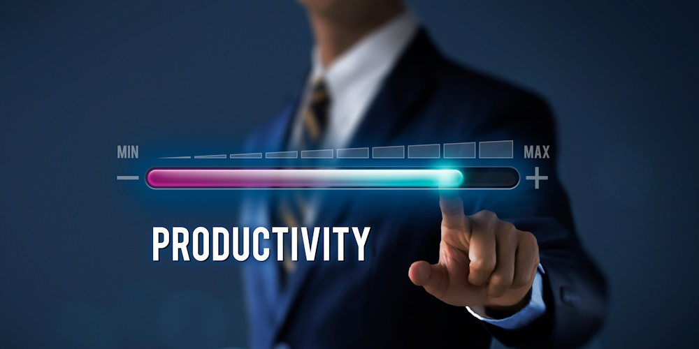 An image of a man sliding a productivity meter towards its max setting.