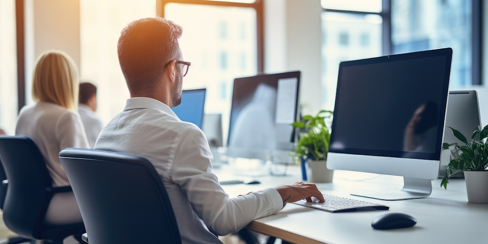 An image of employees working at their desks.