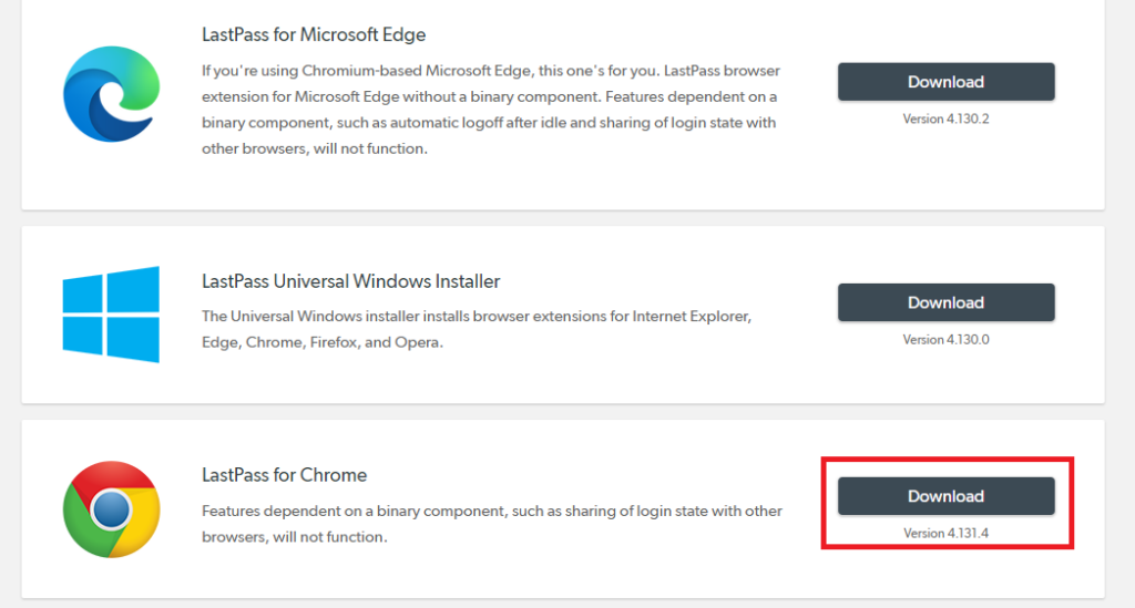 Download page of LastPass extension that includes options to download for edge, windows, and chrome.