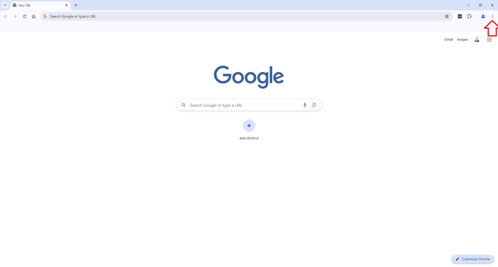 Google homepage, with a red arrow point at the ellipses to enter the settings.