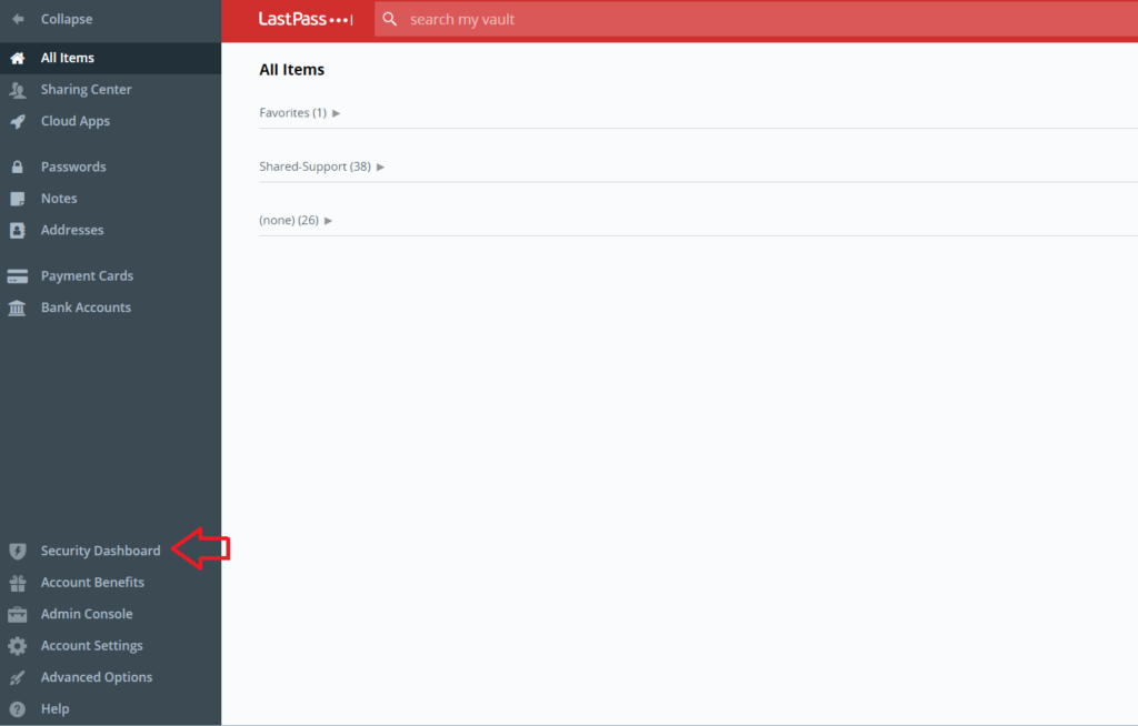 Security Dashboard location inside the LastPass Vault.